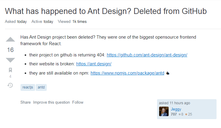 Ant Design 仓库疑似被删除