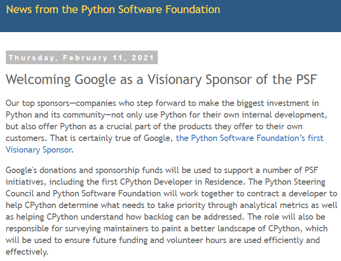 谷歌成为  <a href='https://www.codercto.com/topics/20097.html'>Python</a>  软件基金会最高等级赞助商