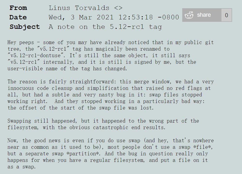 Linus 发出警告：请勿使用 Linux Kernel 5.12-rc1
