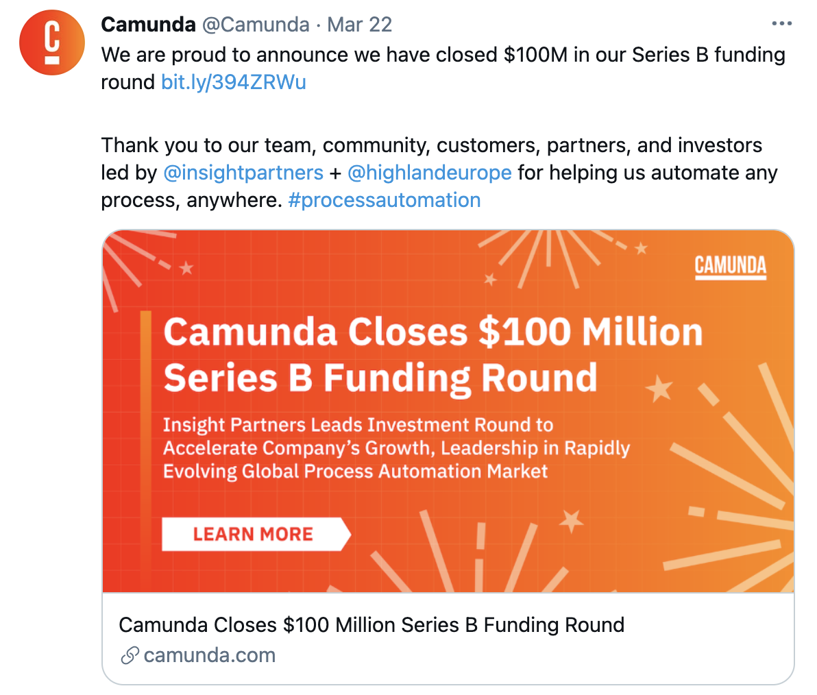 开源软件开发商 Camunda 完成 1 亿美元 B 轮融资