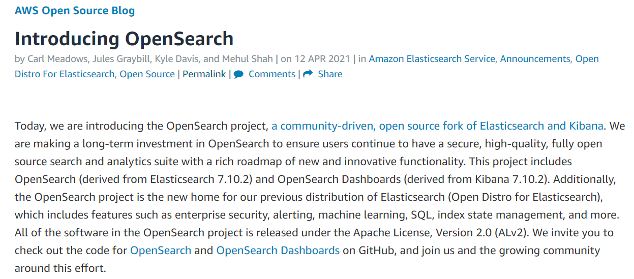 AWS 推出 OpenSearch：基于 Elasticsearch 的开源分支