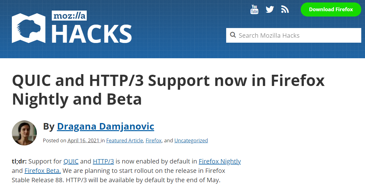 Firefox Nightly/Beta 默认启用 QUIC 和 HTTP/3 支持