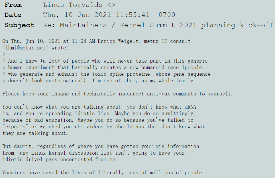 Linus 怒斥反疫苗言论，称邮件列表不接受愚蠢的谎言