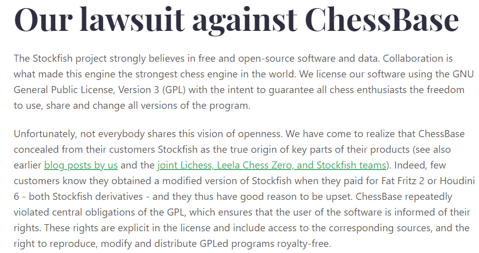 Stockfish 起诉 ChessBase 违反 GPL 许可证