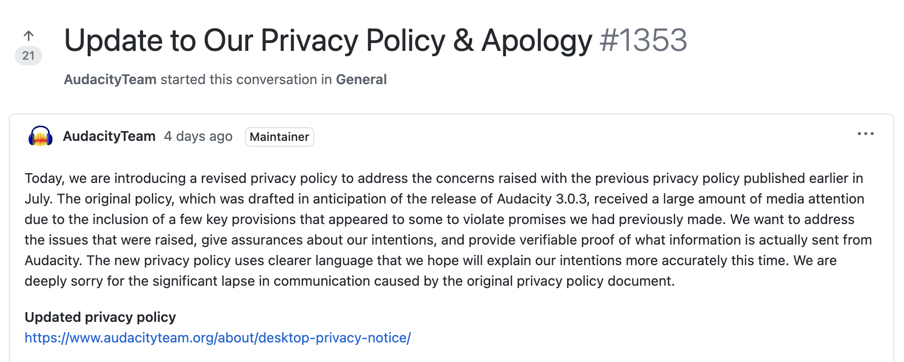 Audacity 为隐私政策引起的误解发布道歉声明，并重新修订政策