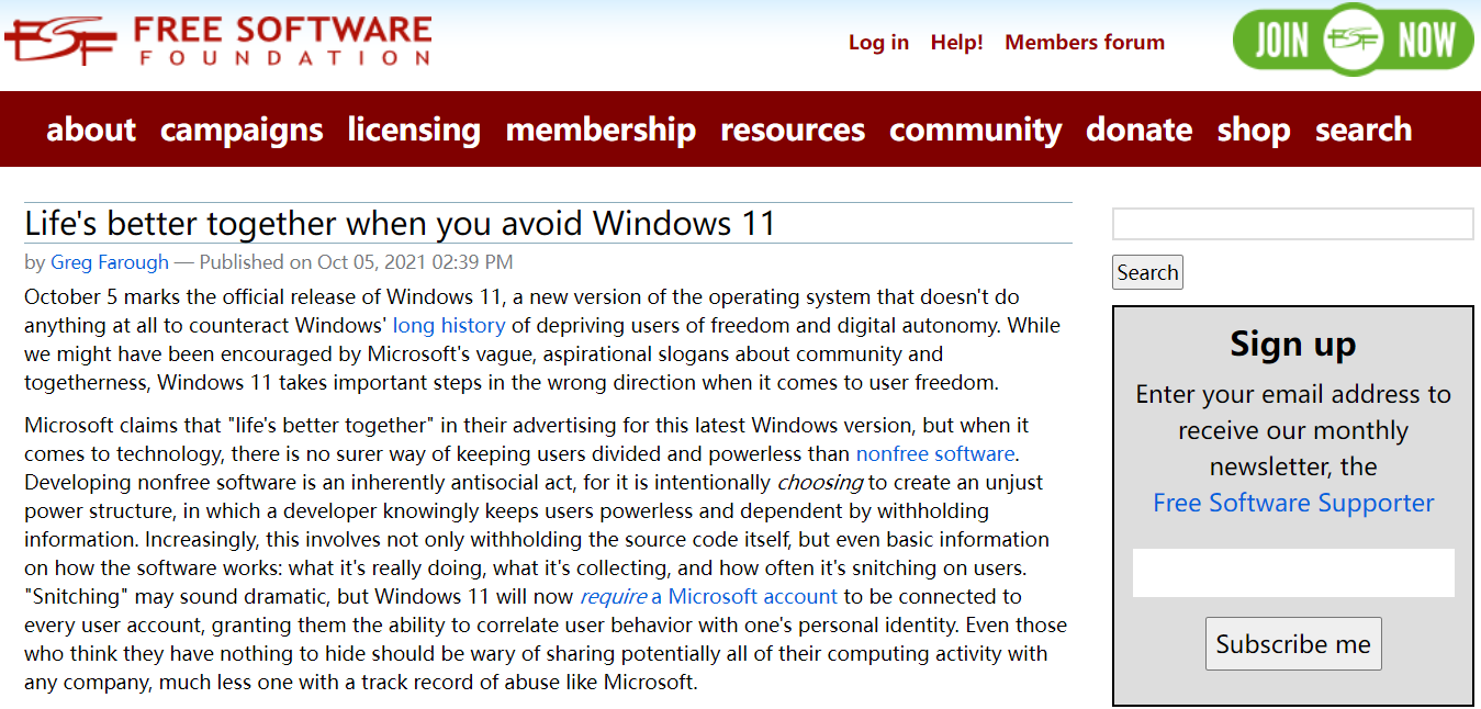 FSF：Windows 11 仍在剥夺用户自由和数字自主权