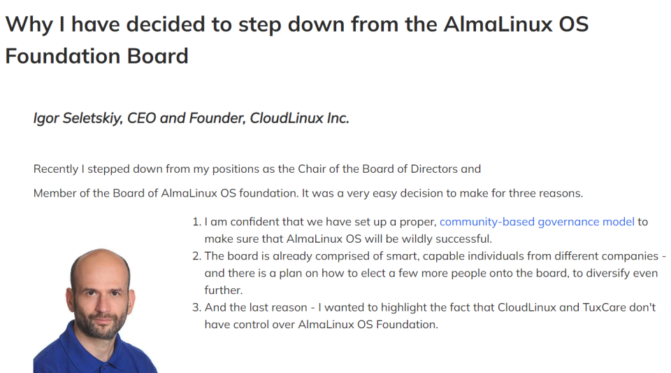 创始人自 AlmaLinux 基金会卸任：确保项目的独立性