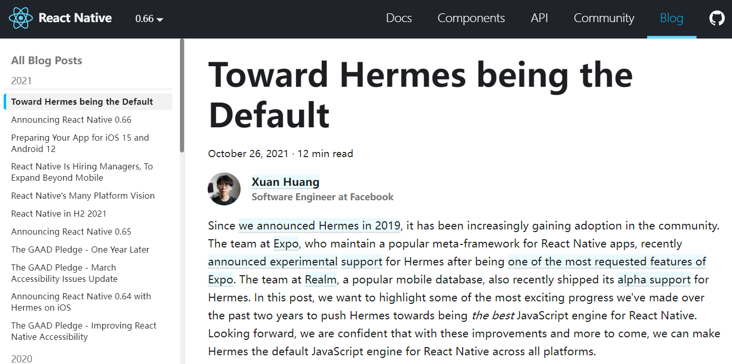 React Native 将使用 Hermes 作为默认 JavaScript 引擎