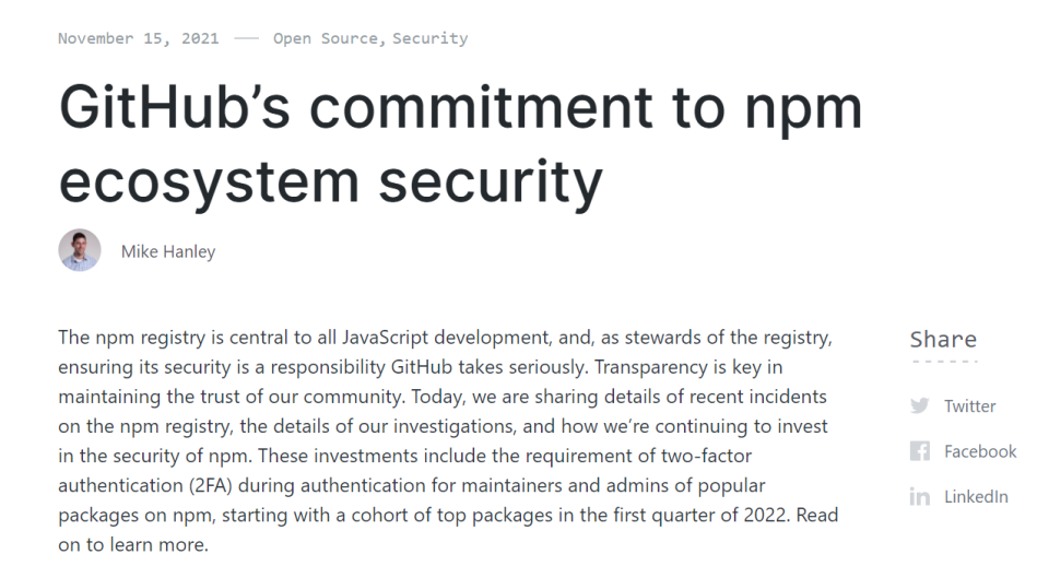 Github 修复 npm 注册表漏洞,并对其推行 2FA 强认证登录