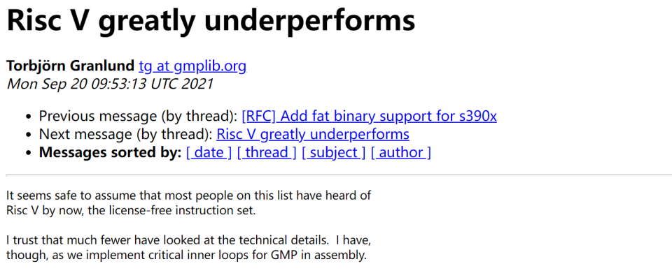 GMP 库开发者发文批评 Risc V “性能太拉跨”