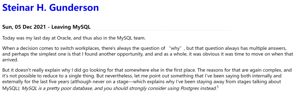 Oracle 工程师转投 Chrome：MySQL 糟糕透顶，强烈推荐 Postgres