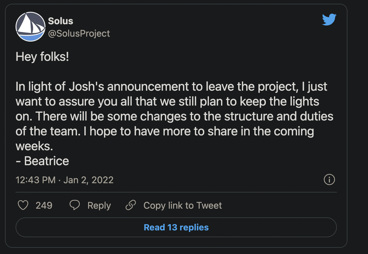 Solus 负责人离职，将加入另一个发行版项目