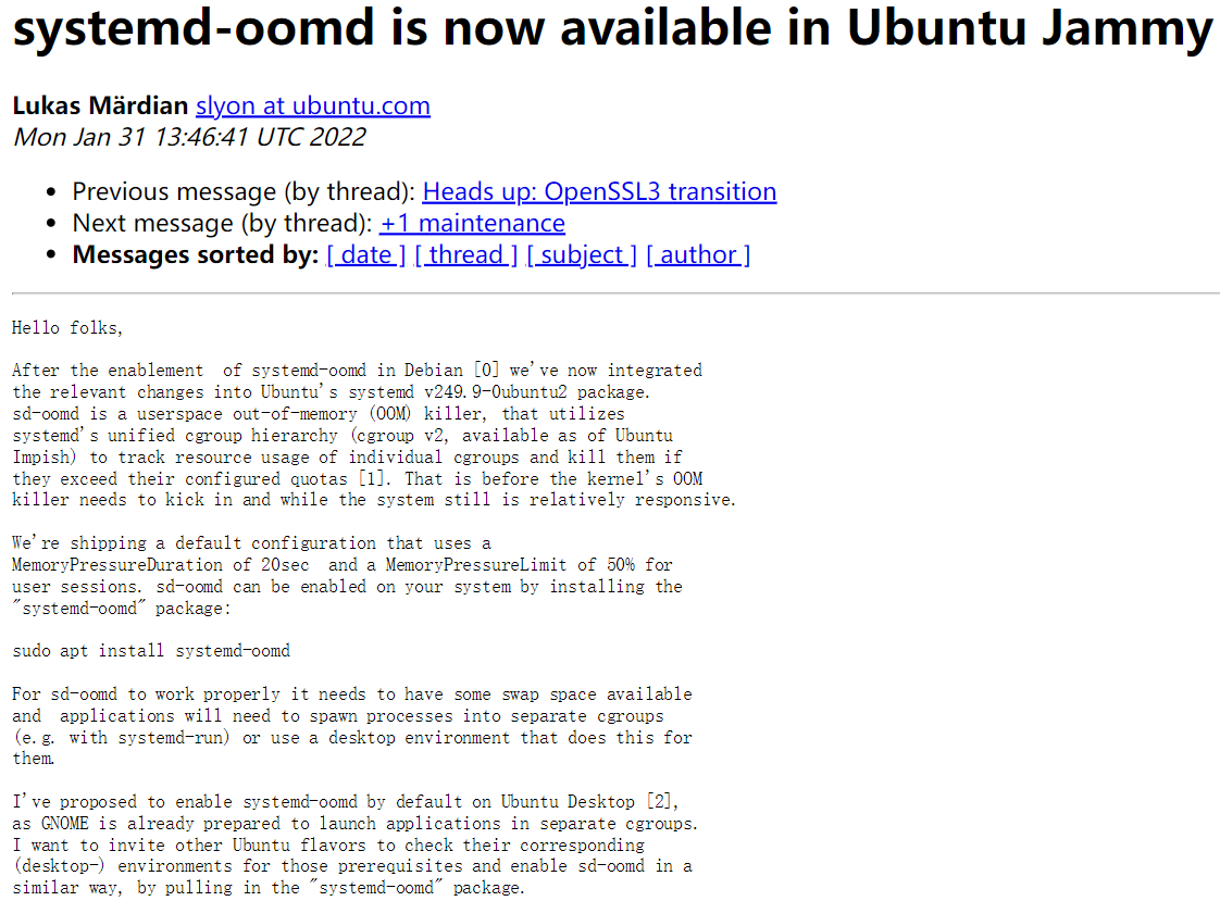 Ubuntu 22.04 LTS 集成 system-oomd，优化低内存场景的处理能力