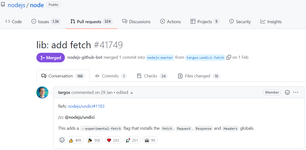 Node.js 已合并 Fetch API