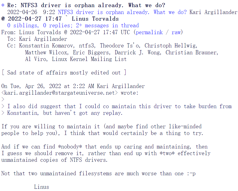 Linux 内核的 NTFS 驱动近半年未更新，恐成“孤儿项目”