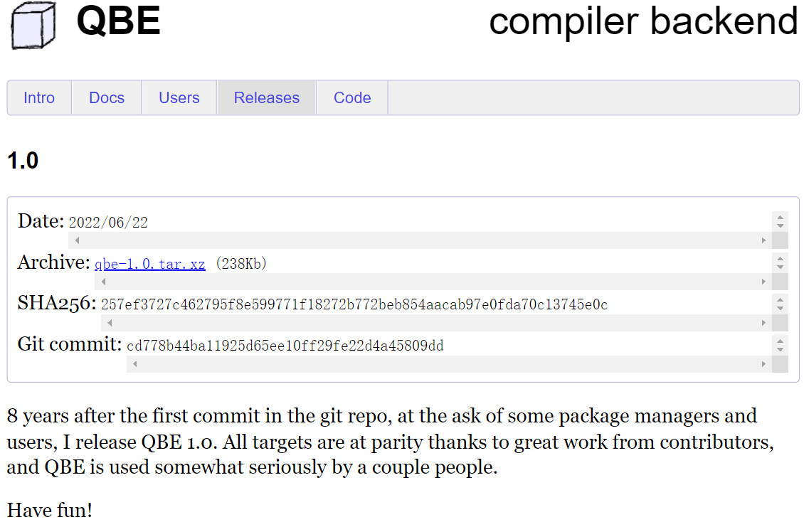 QBE 1.0 正式发布，编译器后端