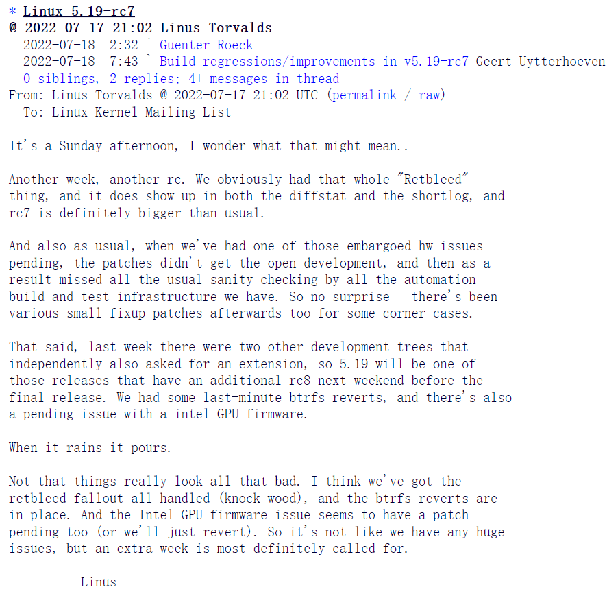 Linux 5.19-rc7 发布，正式版将推迟一周