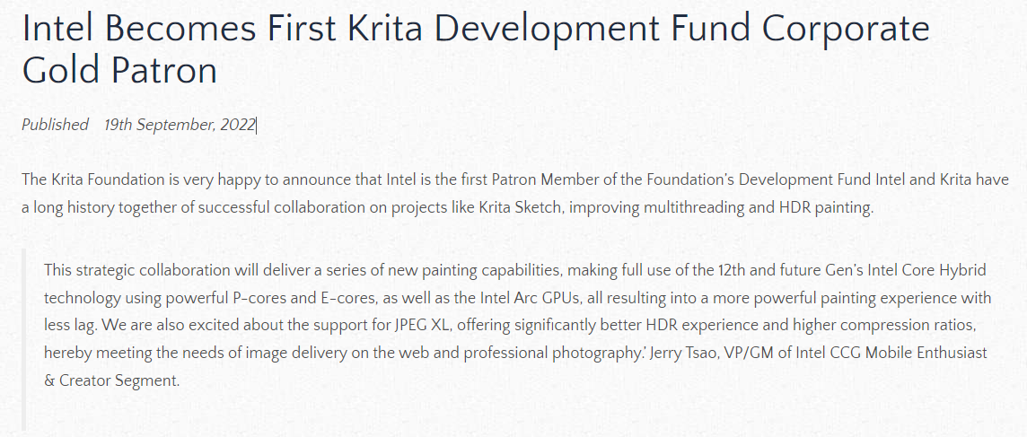 英特尔成为 Krita 基金会首个“金牌”企业赞助商