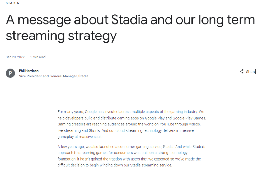 谷歌关闭其 Stadia 云游戏流媒体服务