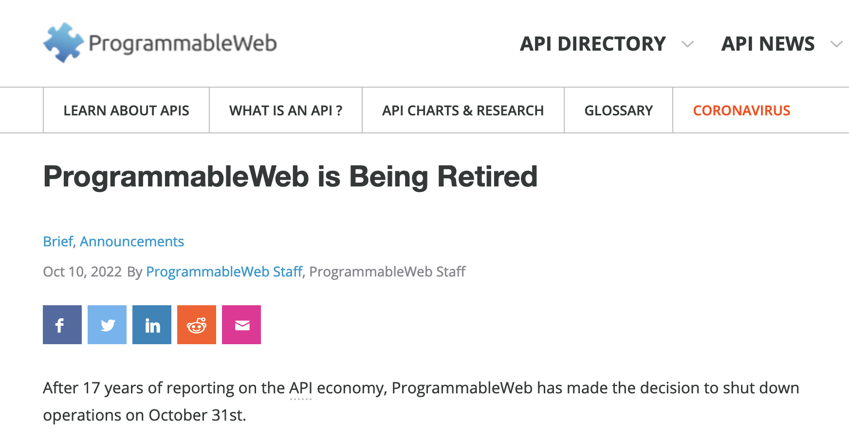 创立 17 年后，ProgrammableWeb 网站将于月底停止运营