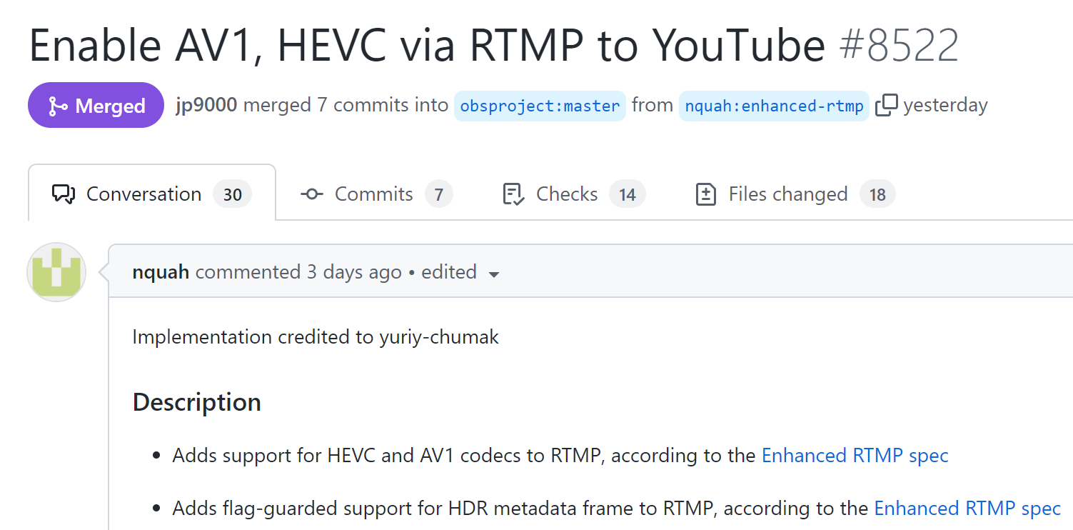 OBS Studio 支持使用 AV1 和 HEVC 格式进行直播