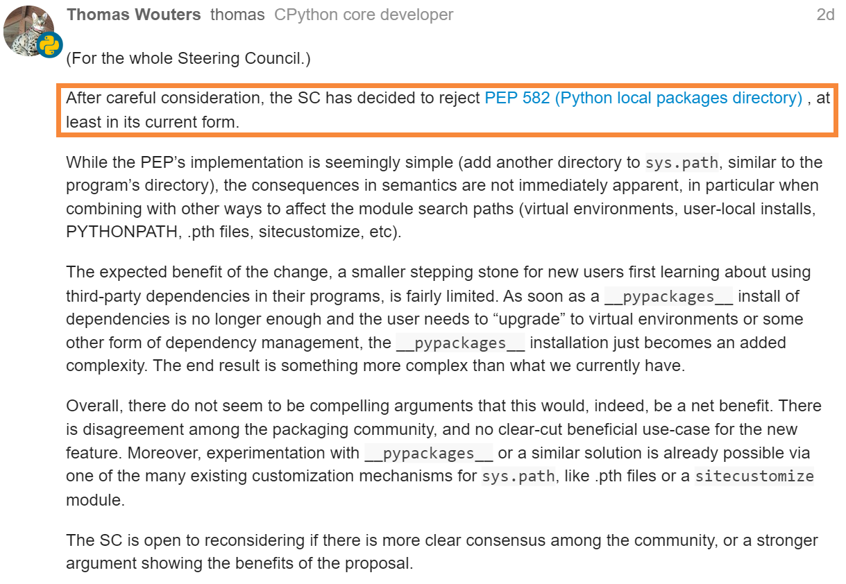 PEP 582 提案 (Python local packages directory) 被拒绝