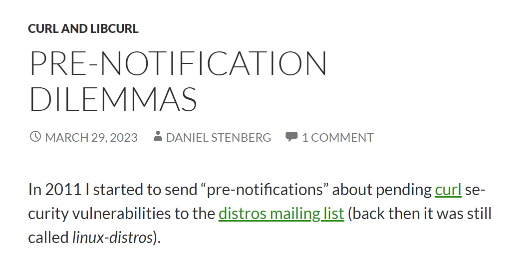 curl 作者宣布不再向各发行版发送安全漏洞预警