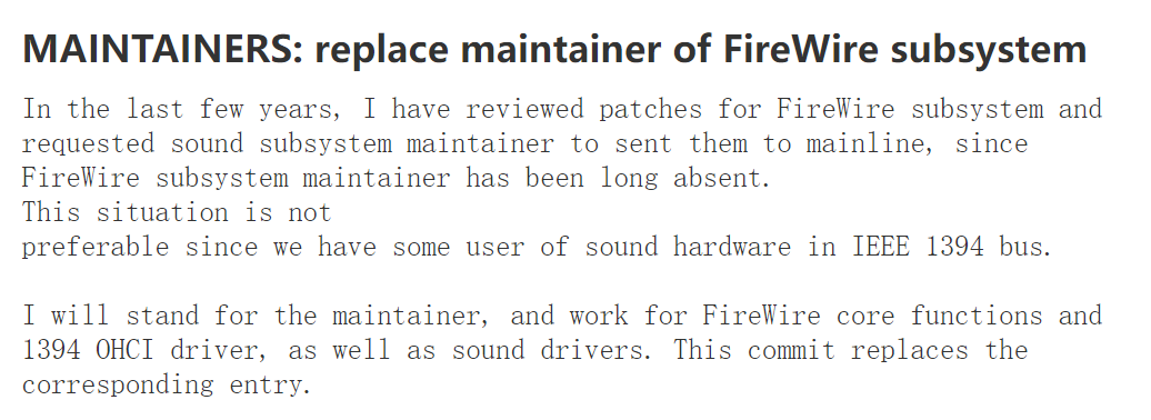Linux 有新的 Firewire IEEE-1394 维护者，计划再维护六年
