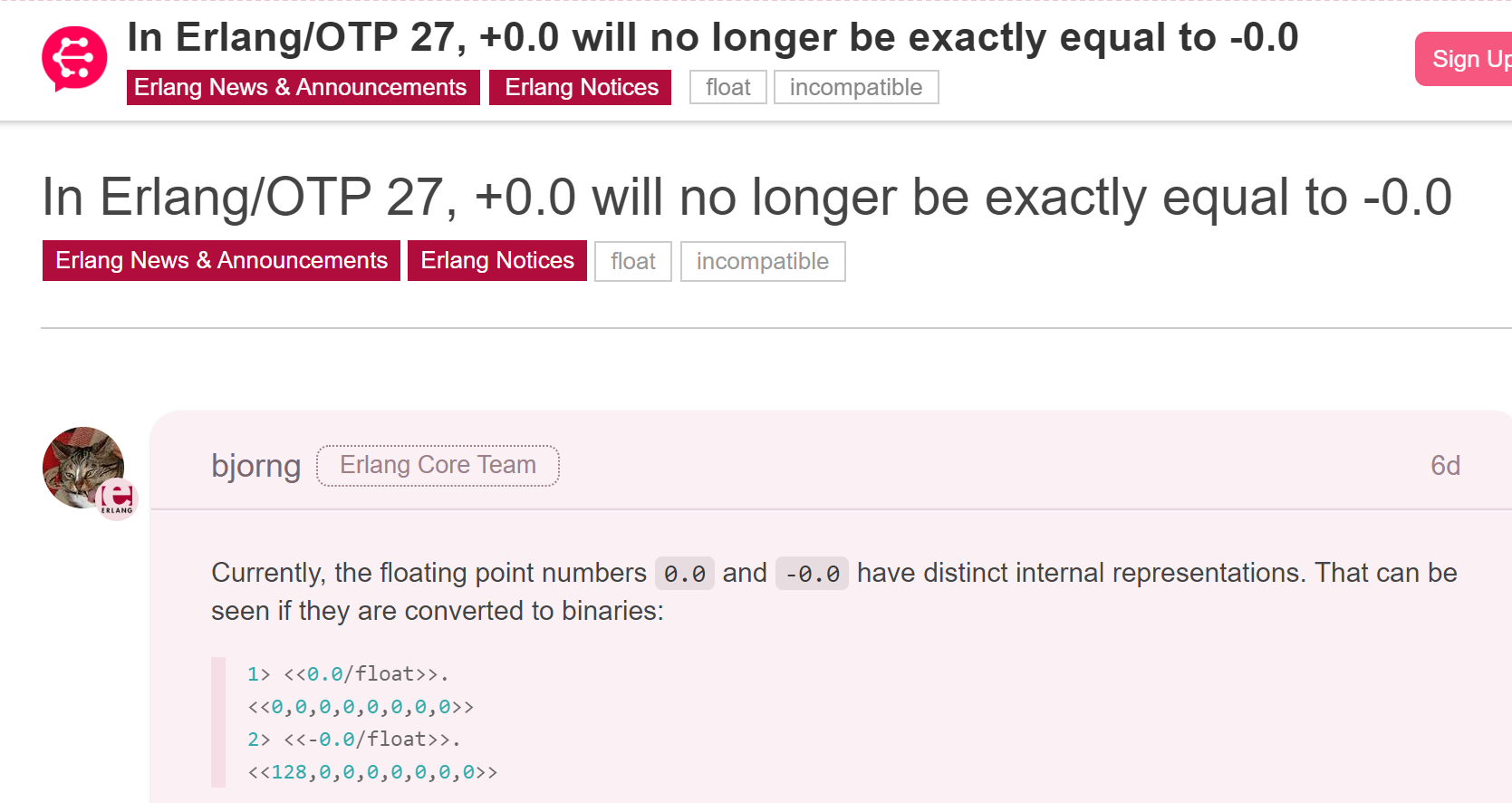 在 Erlang/OTP 27 中，+0.0 将不再完全等于 -0.0