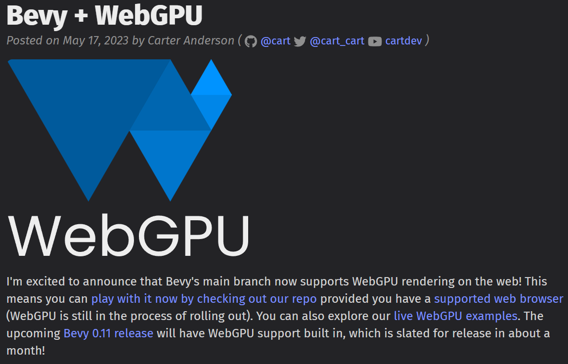 Rust 游戏引擎 Bevy 已支持 WebGPU 渲染
