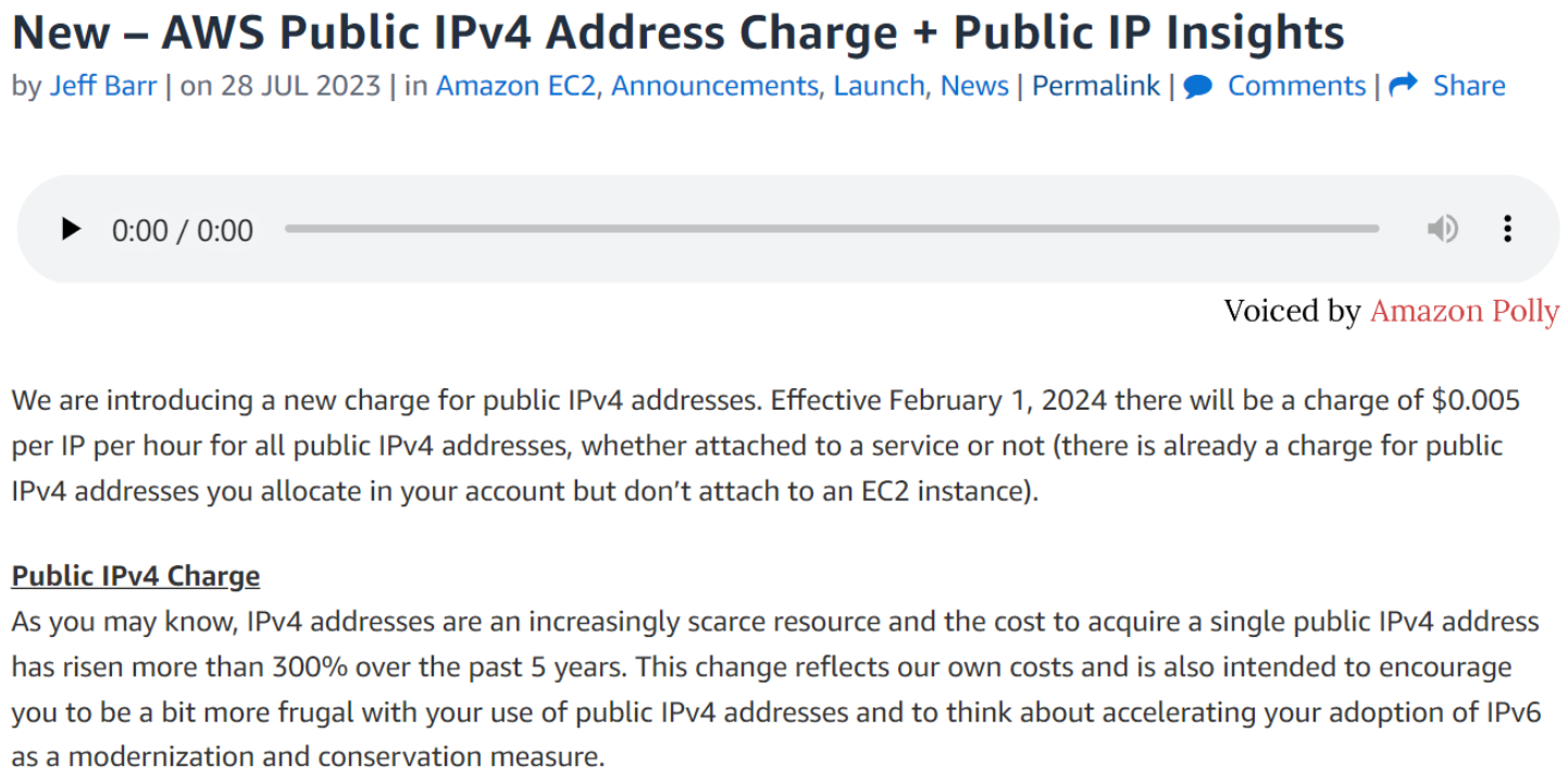 AWS 明年开始对 IPv4 公网地址收取费用