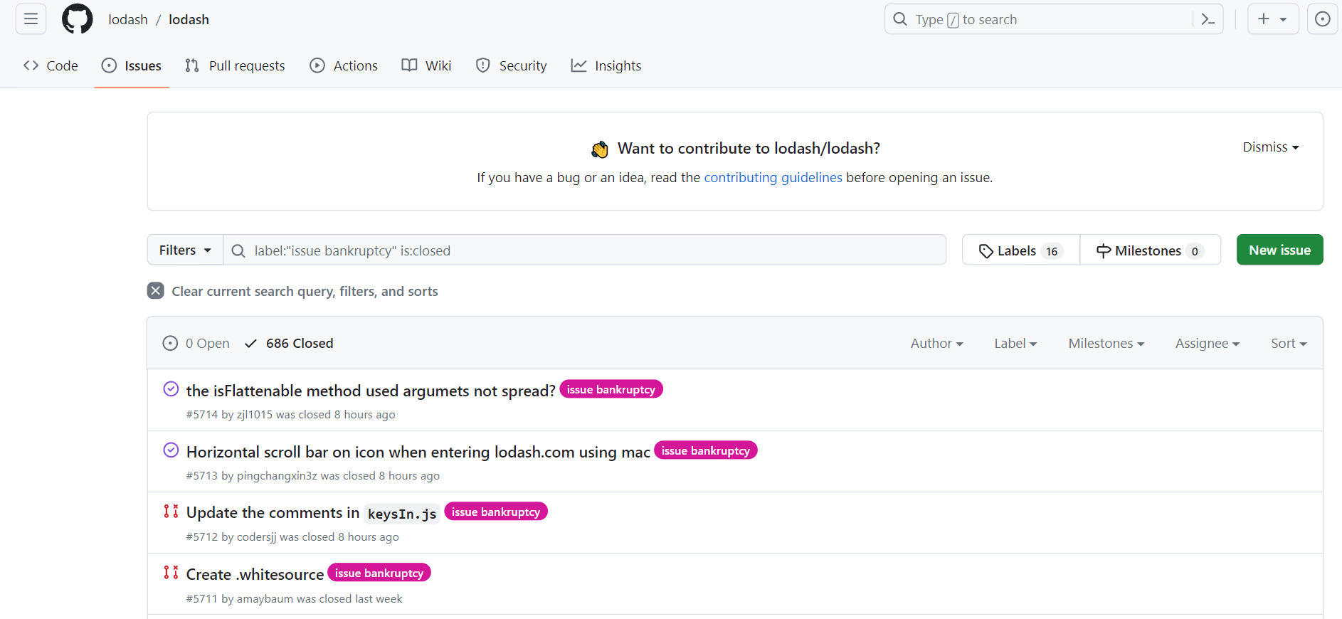 JS 工具库 lodash 关闭所有 issue 和公开 PR