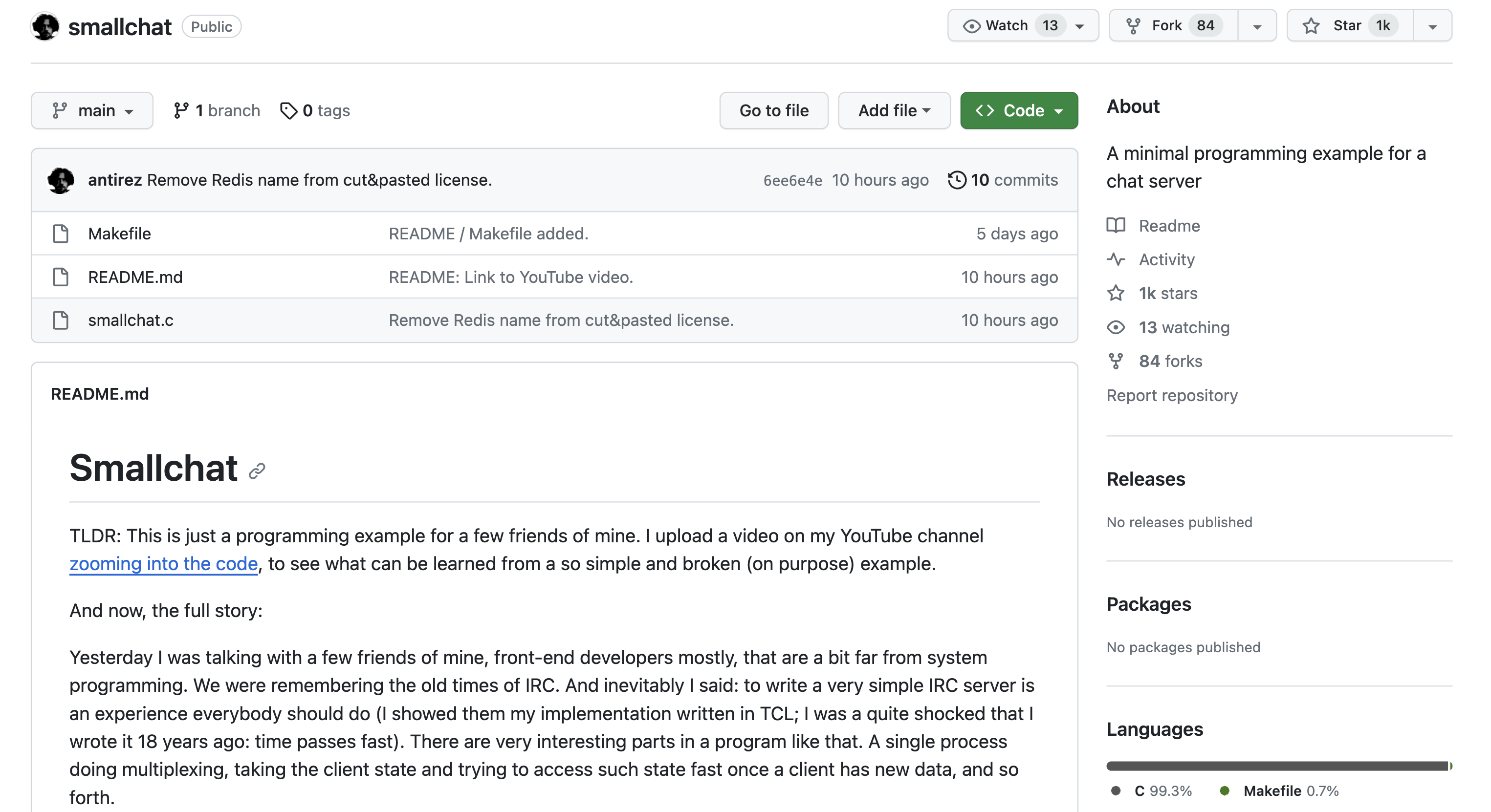 Redis 创始人用 C 语言编写最小聊天服务器：Smallchat