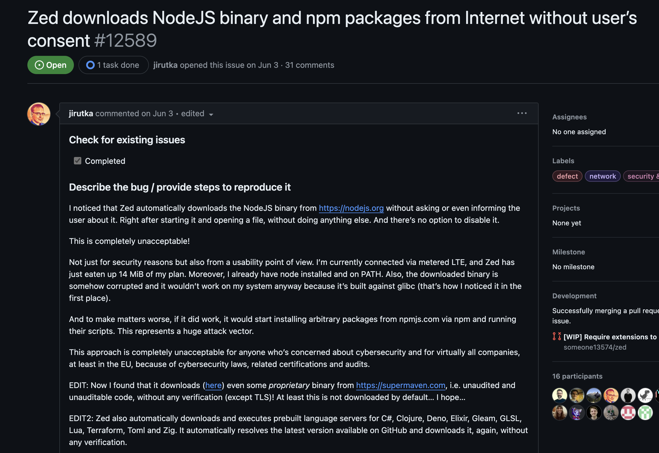 Zed 未经用户同意下载 NodeJS 二进制文件和 npm 包，官方还不改插图