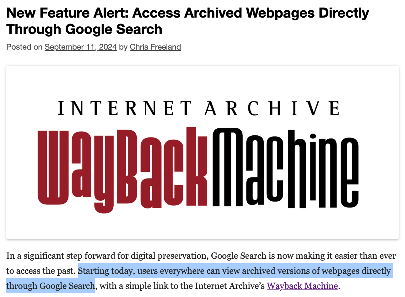 谷歌在搜索结果集成互联网档案馆「Wayback Machine」插图