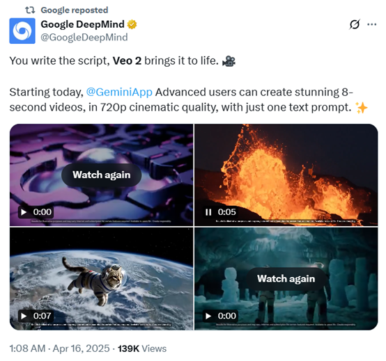谷歌推出了超越 Sora 的 Veo 2，生成 8 秒超逼真视频