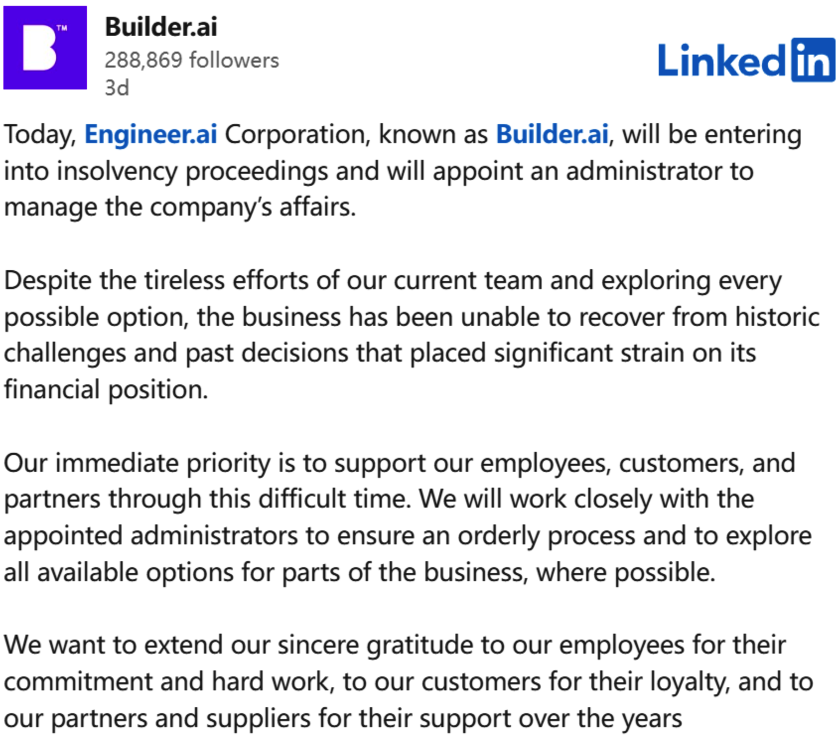 无代码开发平台创企 Builder.ai 破产：用印度程序员冒充 AI、微软亚马逊被忽悠了数亿美元