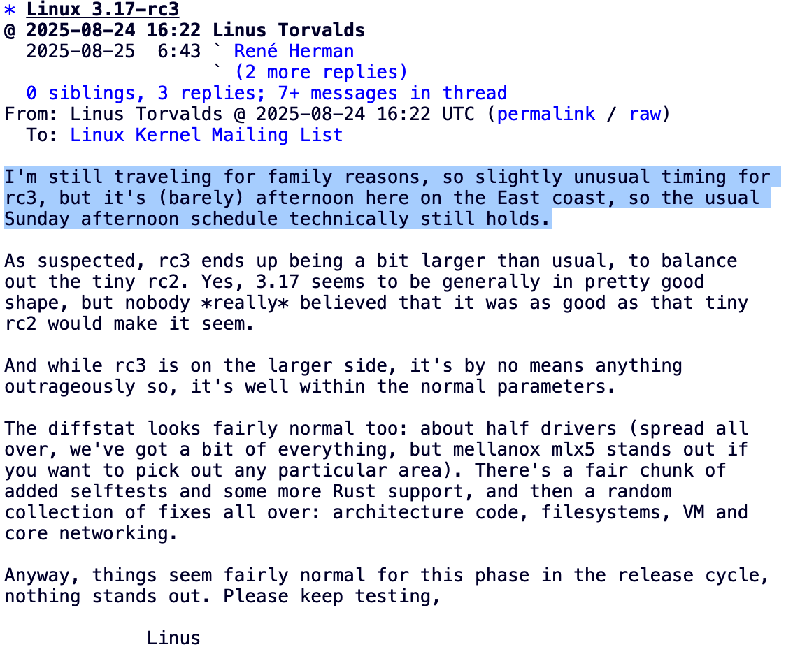 Linux 6.17-rc3 发布