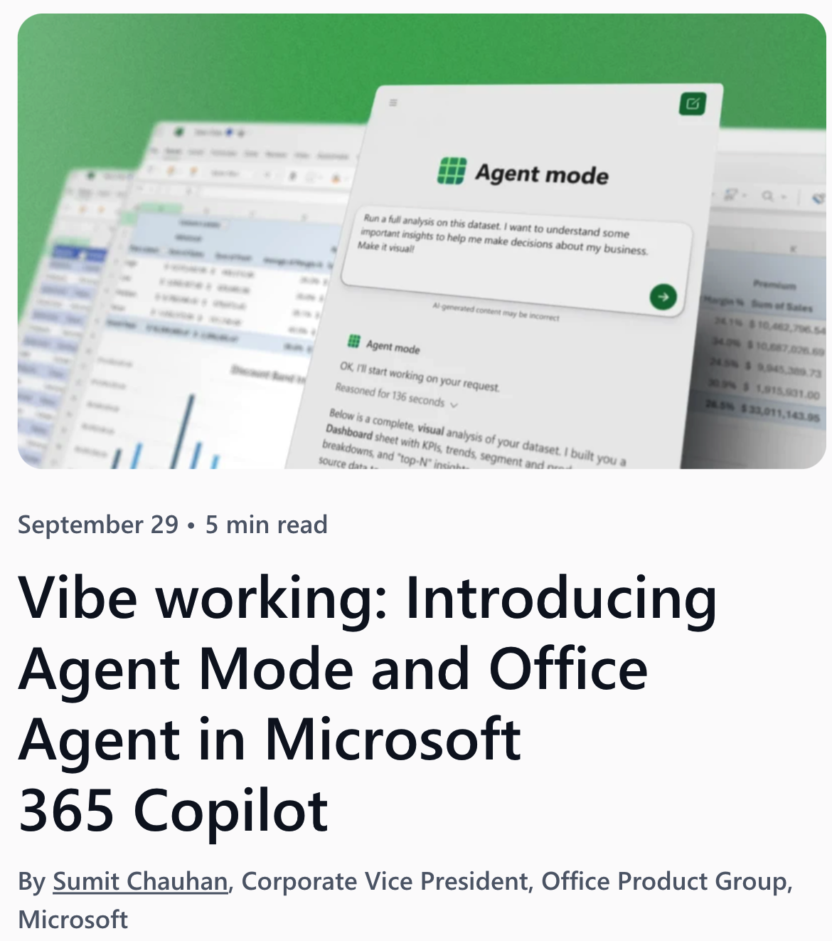 Microsoft 365 Copilot 支持“Vibe Working”，引入 Agent 功能