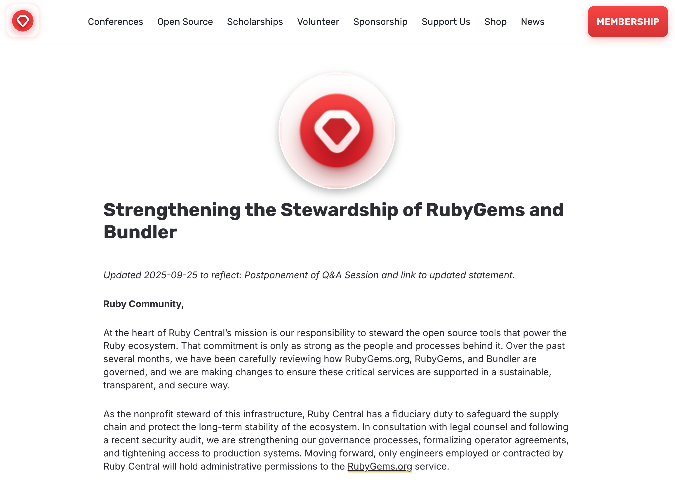 Ruby 生态核心开源项目 RubyGems 爆发“控制权争夺战”