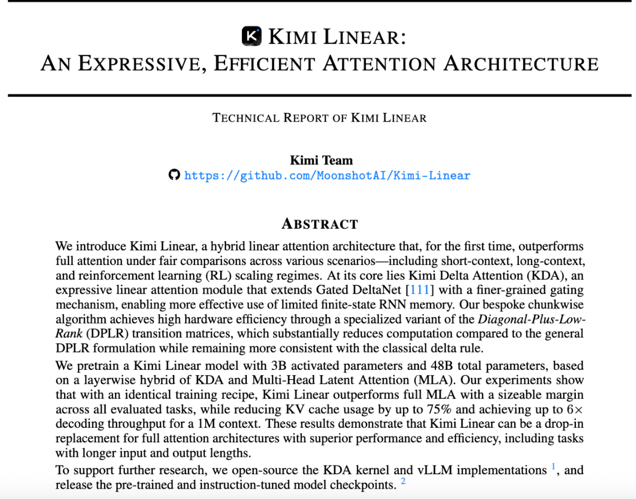 月之暗面发布混合线性注意力架构：Kimi Linear