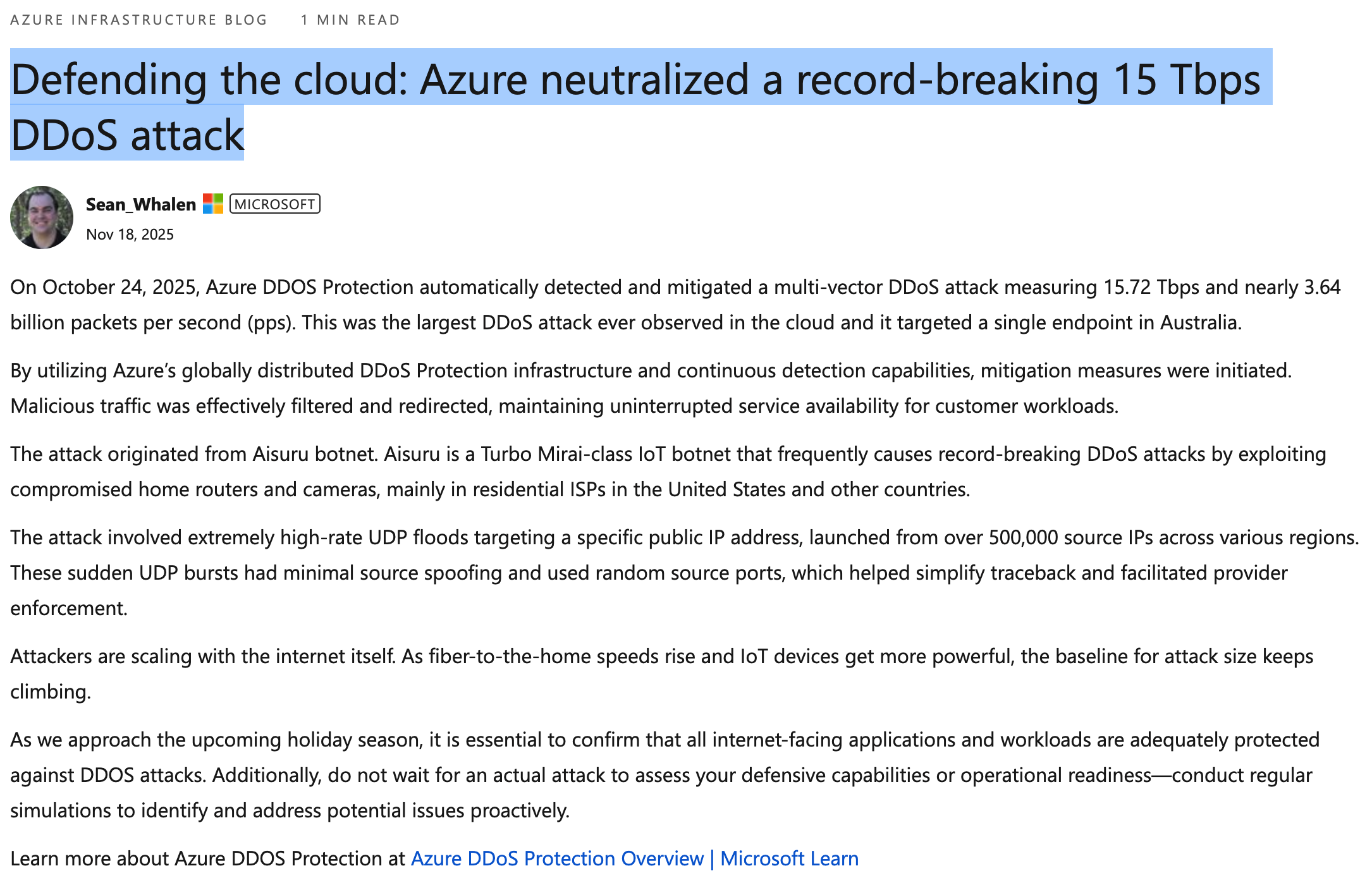 微软 Azure 成功阻止迄今为止最大规模的云端 DDoS 攻击，峰值高达 15.7 Tbps