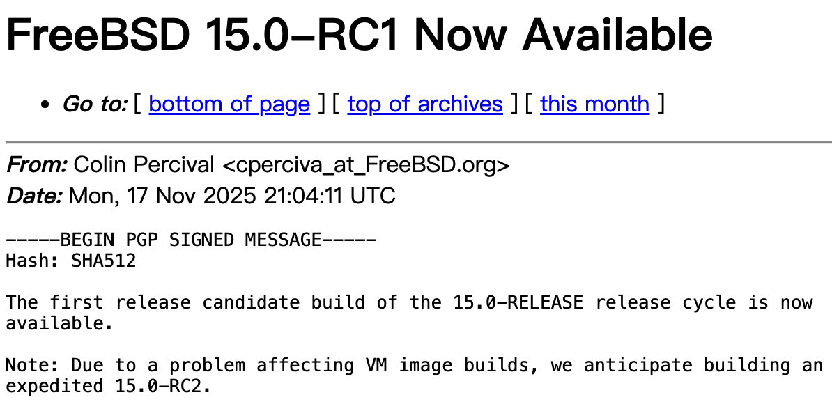 FreeBSD 15.0 RC1 发布，预计 12 月 2 日推出最终稳定版