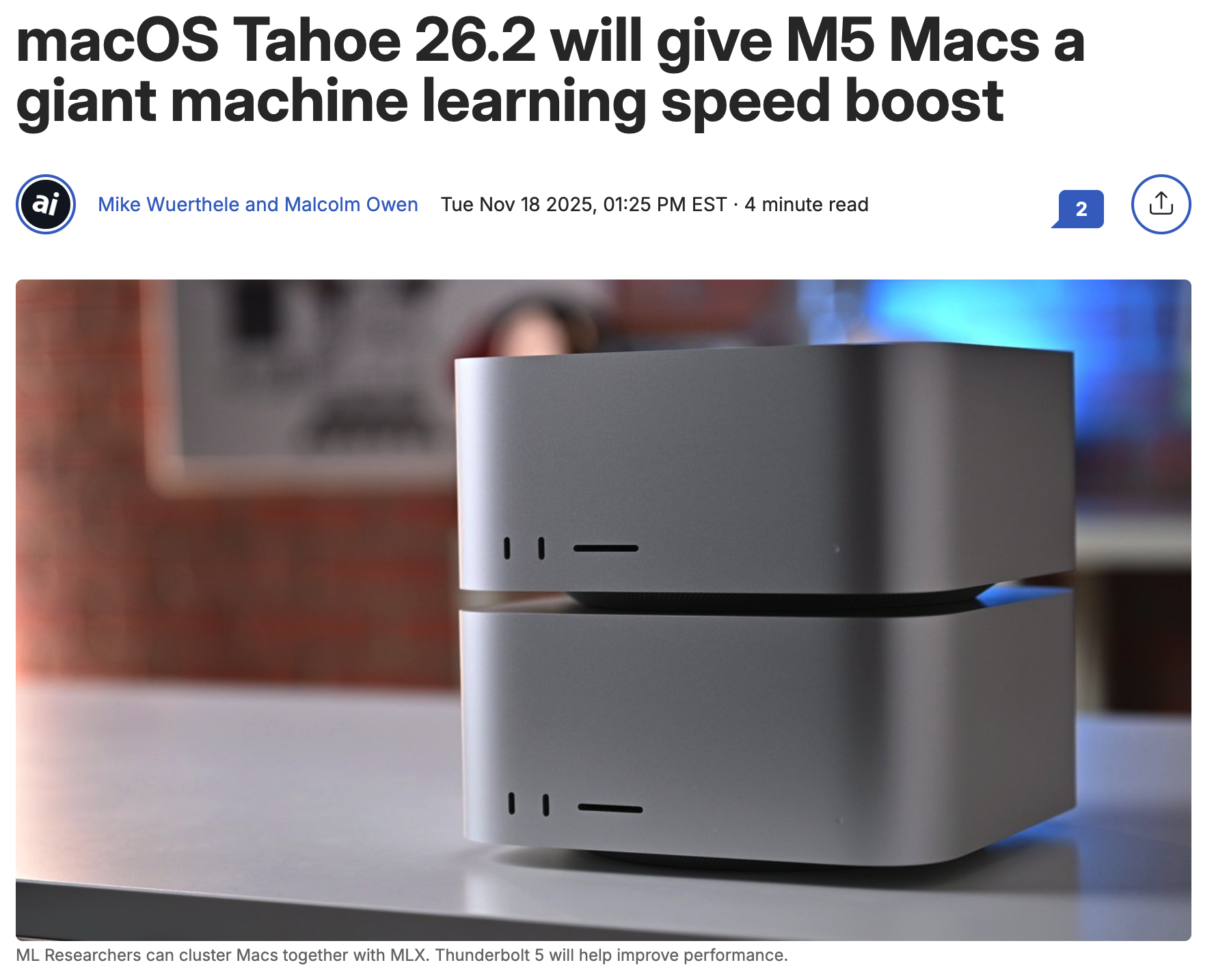 macOS Tahoe 26.2 将为 M5 Mac 带来大幅机器学习性能提升