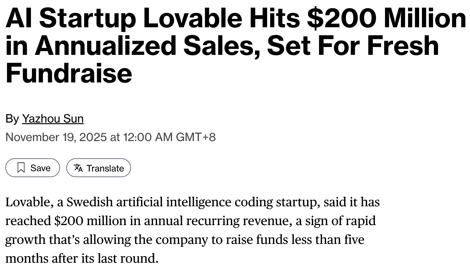 瑞典 AI 低代码平台 Lovable 估值冲向 60 亿美元，ARR 突破 2 亿