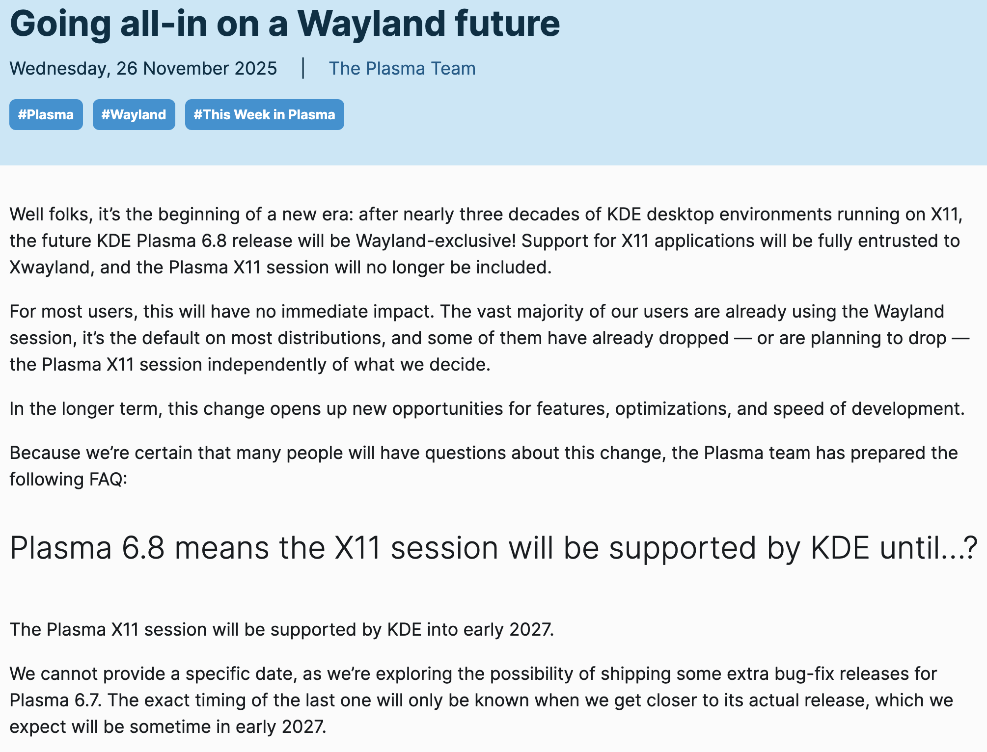 KDE Plasma 6.8 起将完全转向 Wayland