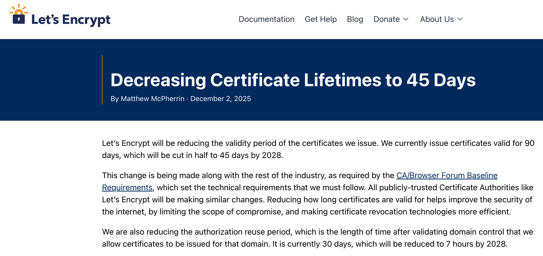 Let’s Encrypt 宣布：2028 年将其证书有效期从 90 天缩短到 45 天