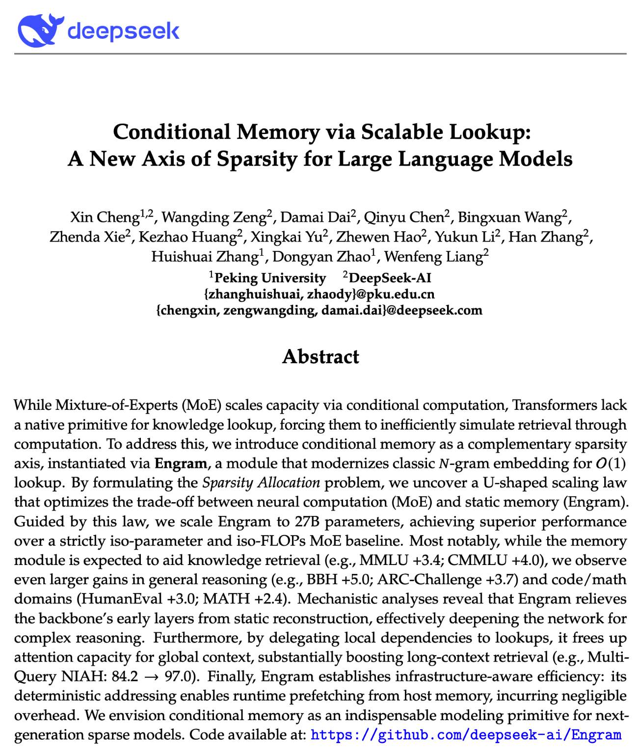 DeepSeek 团队提出可扩展的“查找式记忆”，或为下一代模型的核心技术基础