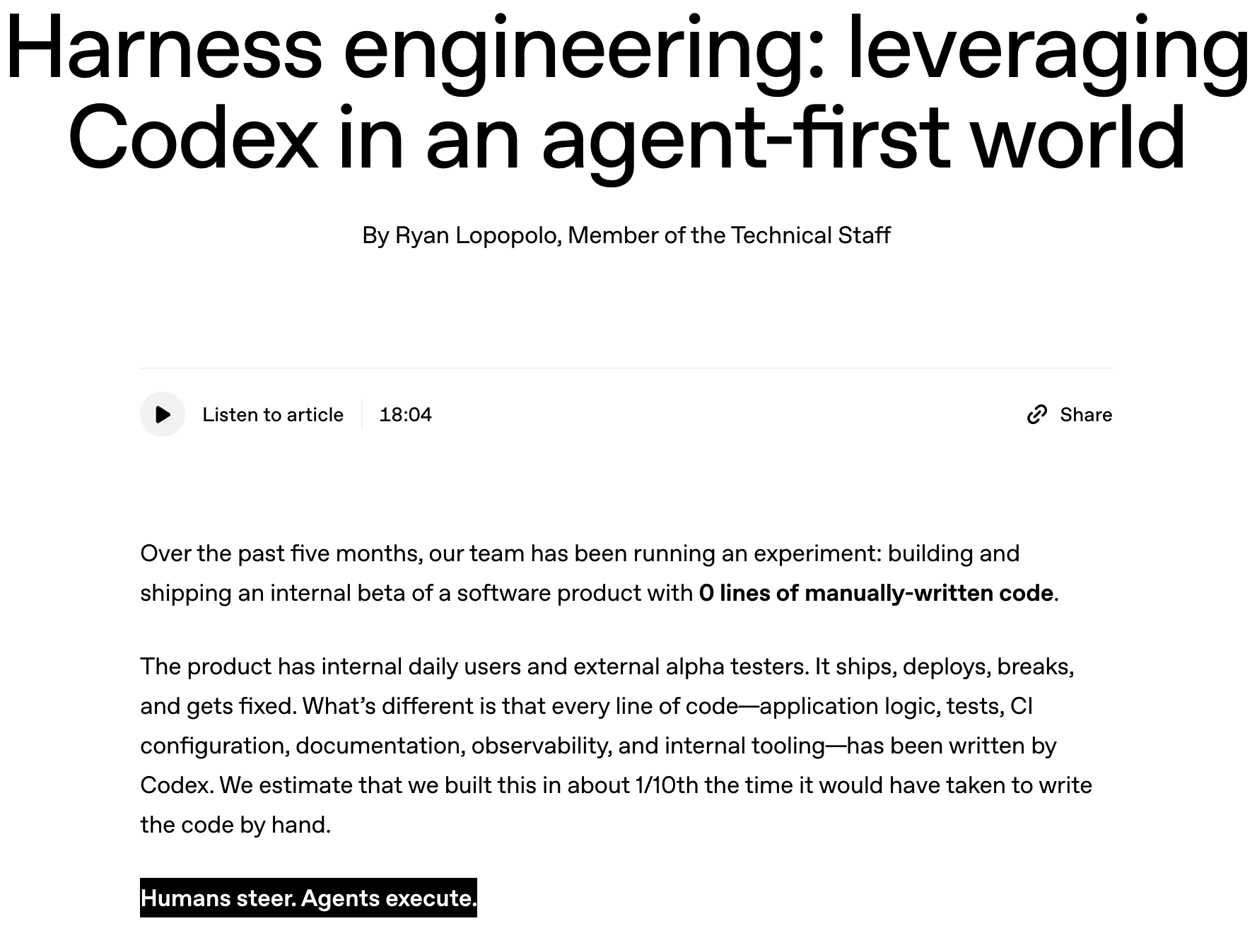OpenAI 提出“Harness Engineering”：完全使用 Agent 进行编程的实践