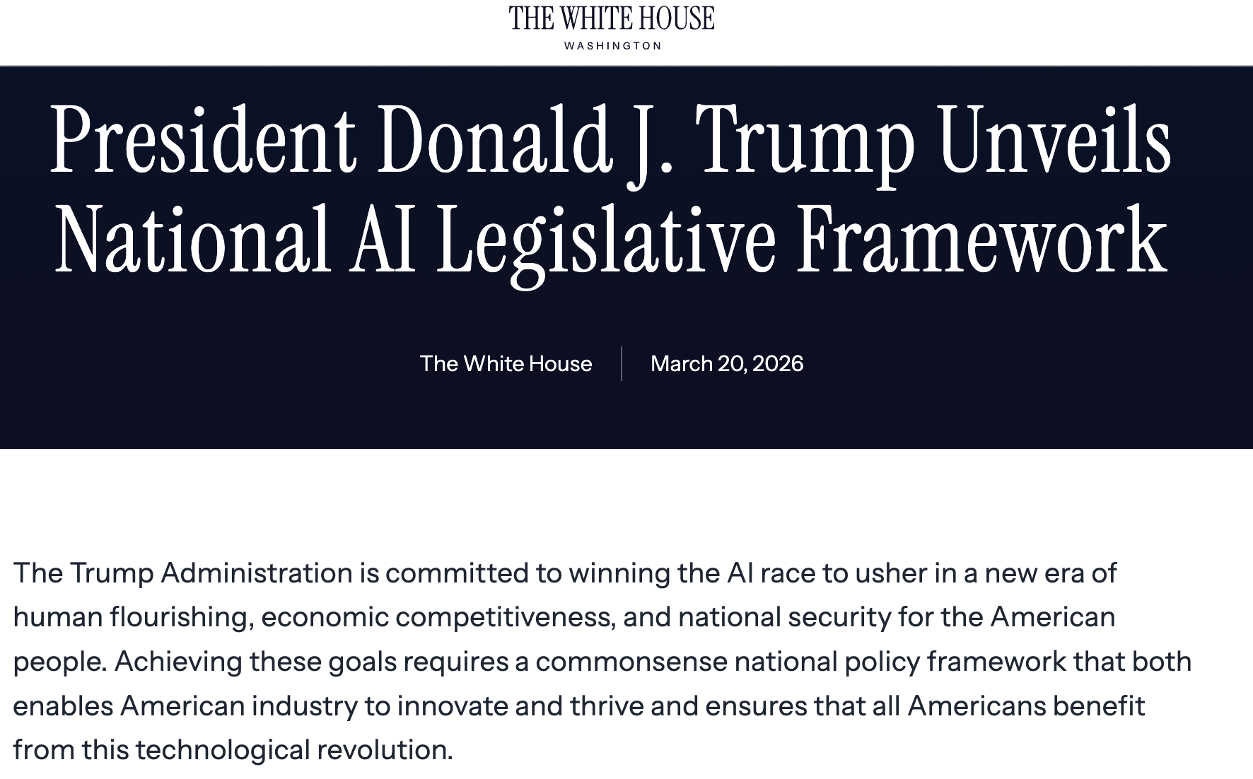 特朗普政府发布国家 AI 立法框架